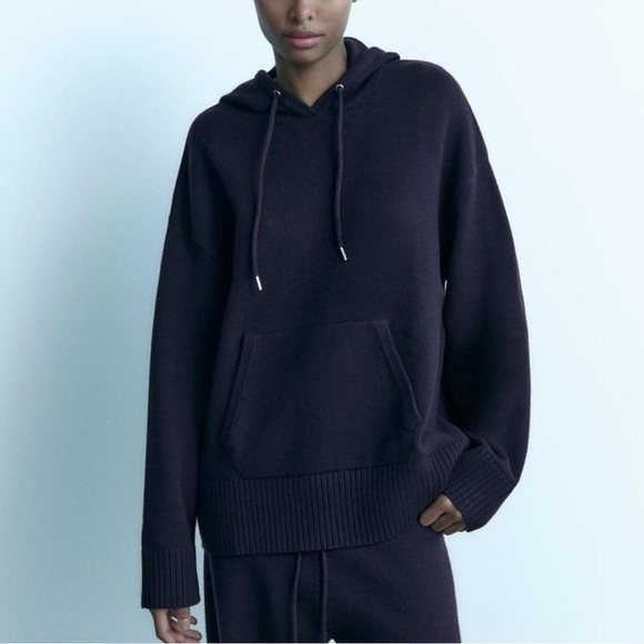 Zara women’s oversized heavy knit hooded slouchy sweater navy blue size large - Picture 1 of 6